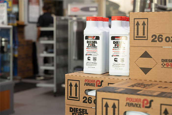 Interior parts showroom with diesel fuel bottles