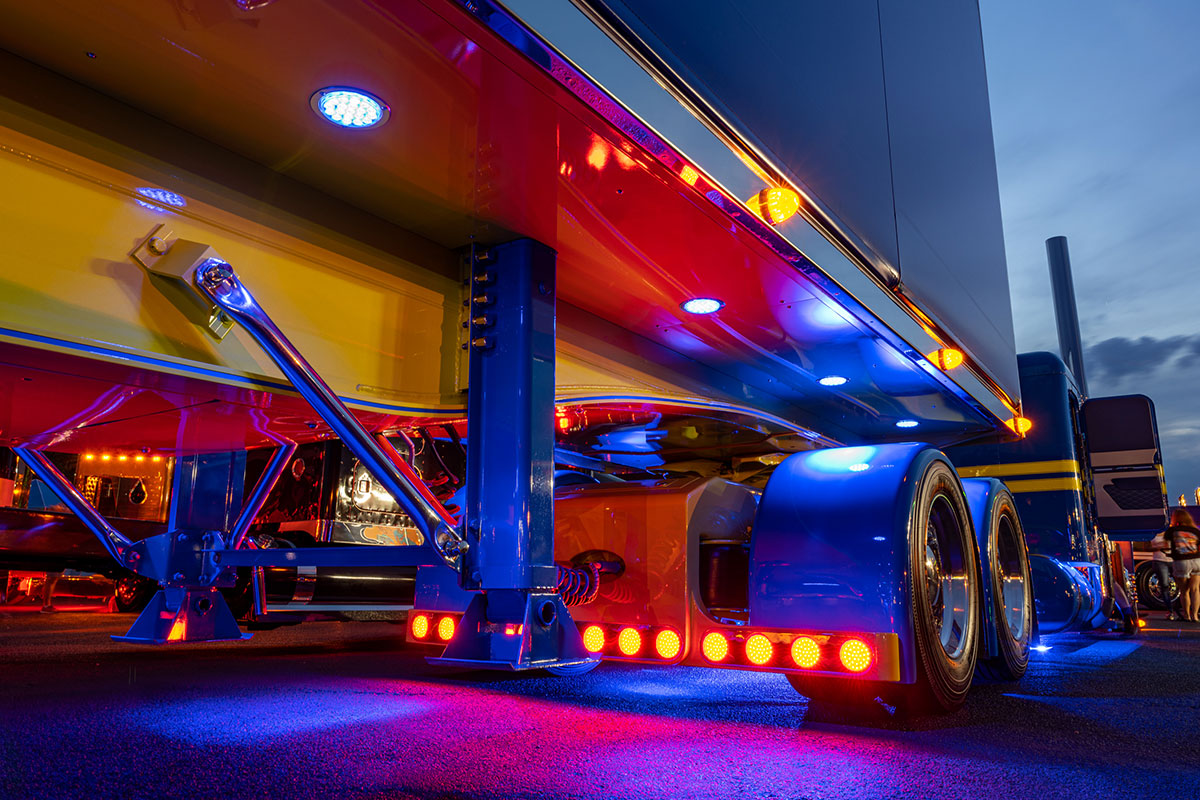 Peterbilt 389 Lit up underside of custom trailer